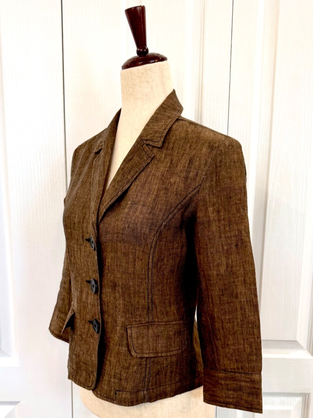 Woman's Size P/S 100% Linen Jacket by Tristan, Brown/Black Tweed, 3/4 Sleeve